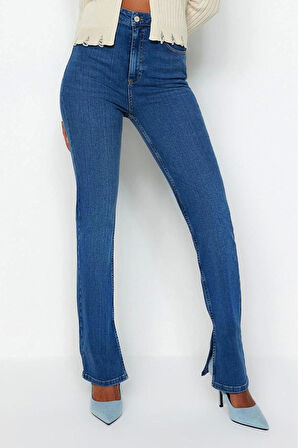 Kadın Moda Şık Kot Pantolon Boru Paça Uzun Boy Denim Yırtmaçlı Süper Yüksek Bel Slim Jeans