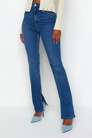 Kadın Moda Şık Kot Pantolon Boru Paça Uzun Boy Denim Yırtmaçlı Süper Yüksek Bel Slim Jeans