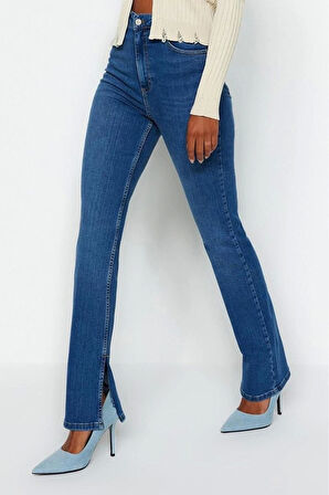 Kadın Moda Şık Kot Pantolon Boru Paça Uzun Boy Denim Yırtmaçlı Süper Yüksek Bel Slim Jeans