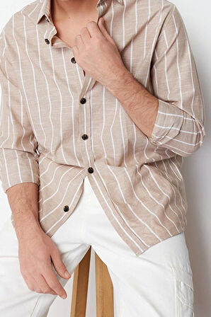 Erkek Moda Uzun Kol Dokuma Bej Regular Fit Gömlek Yaka Çizgili Gömlek