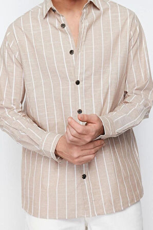 Erkek Moda Uzun Kol Dokuma Bej Regular Fit Gömlek Yaka Çizgili Gömlek