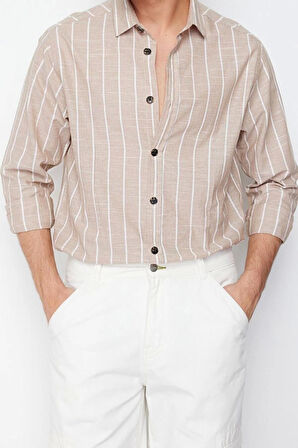 Erkek Moda Uzun Kol Dokuma Bej Regular Fit Gömlek Yaka Çizgili Gömlek