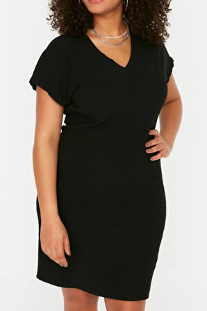 Yeni Slim Şık Abiye Gece Bürümcük Örme V Yaka Kısa Kol Shift Mini Boy Büyük Beden Elbise