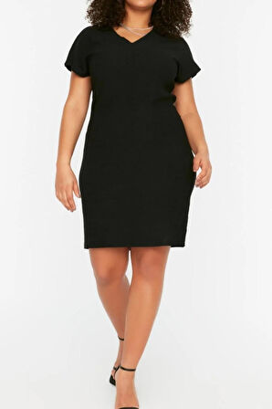 Yeni Slim Şık Abiye Gece Bürümcük Örme V Yaka Kısa Kol Shift Mini Boy Büyük Beden Elbise