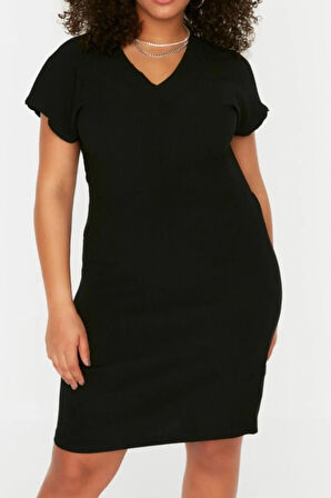 Yeni Slim Şık Abiye Gece Bürümcük Örme V Yaka Kısa Kol Shift Mini Boy Büyük Beden Elbise