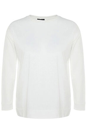 Kadın Büyük Beden Moda Şık Relaxed Bisiklet Yaka Düşük Kol Uzun Yırtmaç Detaylı İnce Örme Sweatshirt