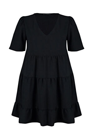 Yeni Rahat Casual Günlük Aerobin Dokuma V Yaka Kısa Kol Smock Mini Boy Büyük Beden Elbise