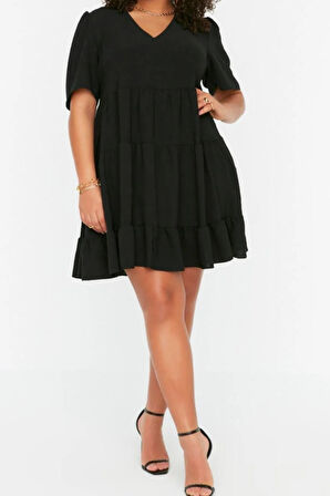 Yeni Rahat Casual Günlük Aerobin Dokuma V Yaka Kısa Kol Smock Mini Boy Büyük Beden Elbise