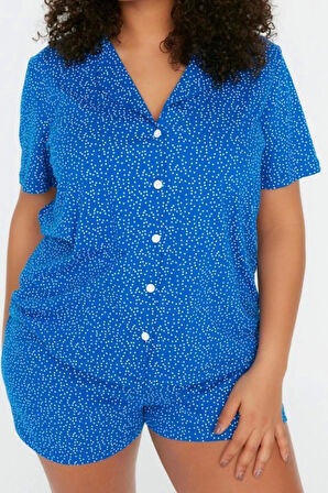 Büyük Beden Kadın Pamuklu Gömlek Yaka Kısa Kol Örme Pijama Takımı