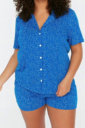 Büyük Beden Kadın Pamuklu Gömlek Yaka Kısa Kol Örme Pijama Takımı