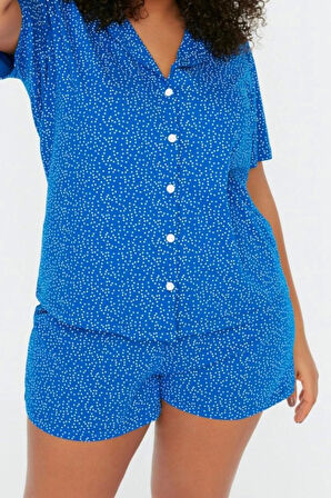 Büyük Beden Kadın Pamuklu Gömlek Yaka Kısa Kol Örme Pijama Takımı