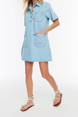 Yeni Regular Casual Günlük Rigid Denim Kare Yaka Kısa Kol Gömlek Elbise Mini Boy Elbise