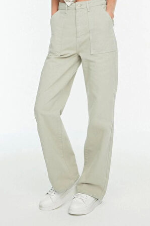 Kadın Moda Şık Kot Pantolon Geniş Paça Regular Boy Denim Lacivert Cep Detaylı Yüksek Bel Jeans