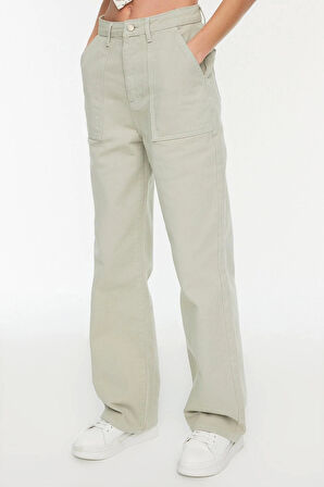 Kadın Moda Şık Kot Pantolon Geniş Paça Regular Boy Denim Lacivert Cep Detaylı Yüksek Bel Jeans
