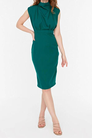 Yeni Slim Gündüz Gece Finike Dokuma Dik Yaka Kolsuz Kol Bodycone Midi Boy Elbise