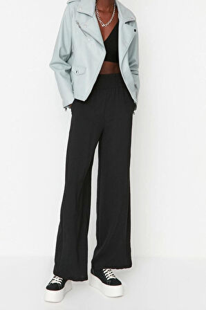 Kadın Yeni Moda Geniş Paça Uzun Boy Dokuma Wide Leg Geniş Paça Beli Lastikli Pantolon