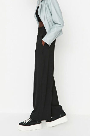 Kadın Yeni Moda Geniş Paça Uzun Boy Dokuma Wide Leg Geniş Paça Beli Lastikli Pantolon
