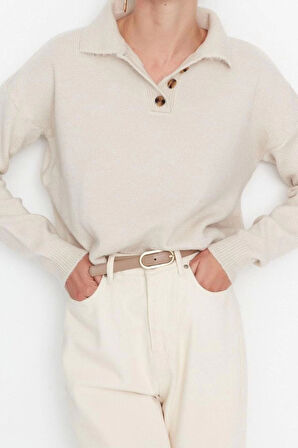 Kadın Moda Şık Regular Polo Yaka Uzun Kol Düz Yumuşak Dokulu Basic Triko Kazak