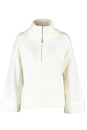 Kadın Moda Şık Regular Dik Yaka Uzun Kol Düz Geniş Kalıp Yumuşak Dokulu Fermuarlı Triko Kazak