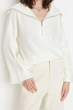 Kadın Moda Şık Regular Dik Yaka Uzun Kol Düz Geniş Kalıp Yumuşak Dokulu Fermuarlı Triko Kazak