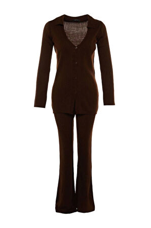 Kadın Moda Şık Geniş Paça Regular Boy Uzun Kollu Basic Polo Yaka Triko Alt-Üst Takım