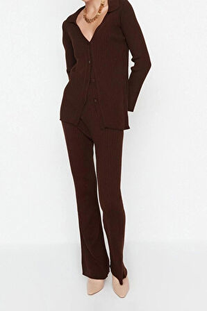 Kadın Moda Şık Geniş Paça Regular Boy Uzun Kollu Basic Polo Yaka Triko Alt-Üst Takım