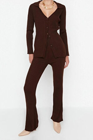 Kadın Moda Şık Geniş Paça Regular Boy Uzun Kollu Basic Polo Yaka Triko Alt-Üst Takım