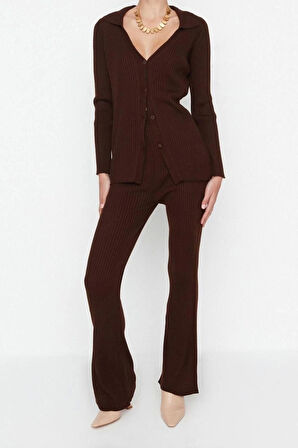 Kadın Moda Şık Geniş Paça Regular Boy Uzun Kollu Basic Polo Yaka Triko Alt-Üst Takım