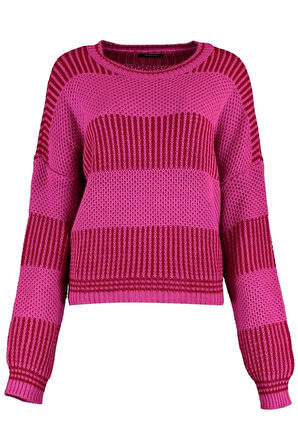 Kadın Moda Şık Regular Bisiklet Yaka Uzun Kol Renk Bloklu Geniş Kalıp Triko Kazak