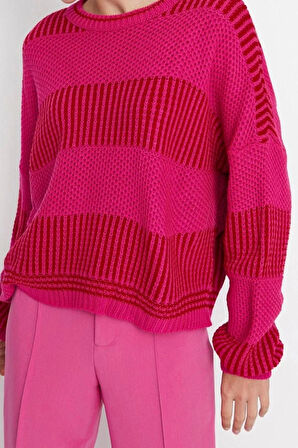 Kadın Moda Şık Regular Bisiklet Yaka Uzun Kol Renk Bloklu Geniş Kalıp Triko Kazak