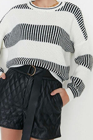 Kadın Moda Şık Bisiklet Yaka Standart Kol Regular Renk Bloklu Triko Kazak