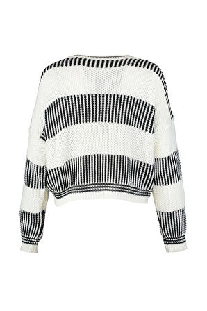 Kadın Moda Şık Bisiklet Yaka Standart Kol Regular Renk Bloklu Triko Kazak