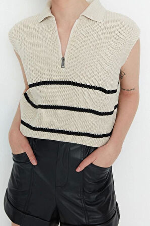 Kadın Moda Şık Polo Yaka Standart Kol Regular Fermuarlı Çizgili Triko Süveter