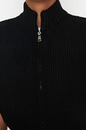 Kadın Moda Şık Dik Yaka Standart Kol Crop Fermuarlı Basic Triko Yelek