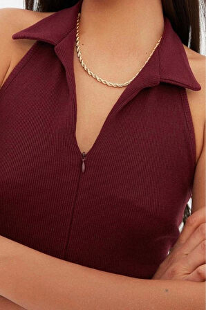 Yeni Kalem Casual Günlük Fitilli Örme Polo Yaka Kolsuz Kol Bodycone Mini Boy Elbise