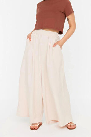 Kadın Yeni Moda Büyük Beden Geniş Paça Regular Boy Dokuma Bol Paça Pantolon