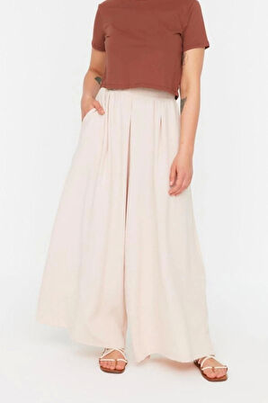 Kadın Yeni Moda Büyük Beden Geniş Paça Regular Boy Dokuma Bol Paça Pantolon