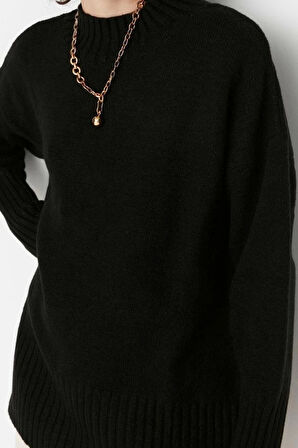 Kadın Moda Şık Dik Yaka Reglan Kol Regular Geniş Kalıp Yumuşak Dokulu Basic Triko Kazak