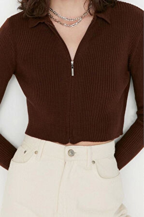 Kadın Moda Şık Crop Polo Yaka Uzun Kol Düz Crop Fermuarlı Triko Hırka