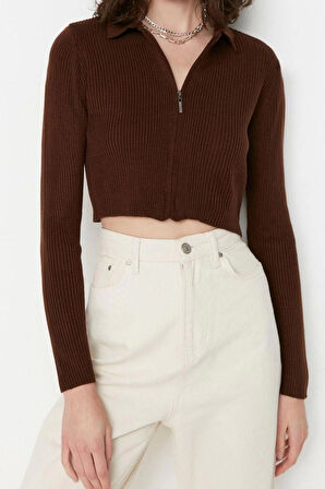 Kadın Moda Şık Crop Polo Yaka Uzun Kol Düz Crop Fermuarlı Triko Hırka