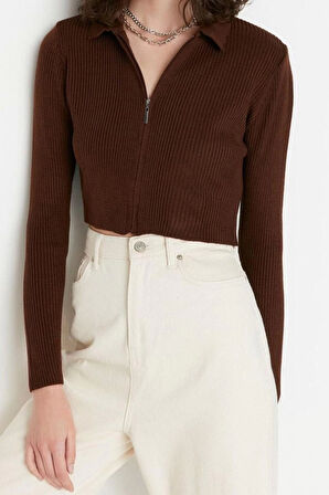 Kadın Moda Şık Crop Polo Yaka Uzun Kol Düz Crop Fermuarlı Triko Hırka
