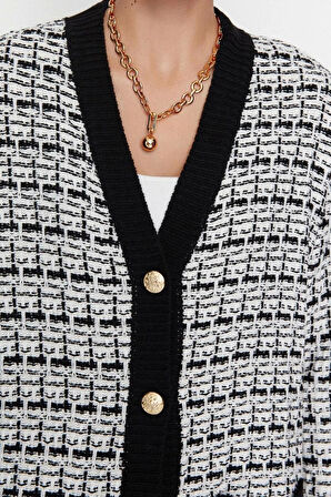 Kadın Moda Şık Midi V Yaka Uzun Kol Dokulu Geniş Kalıp Tüvit Görünümlü Simli Triko Hırka