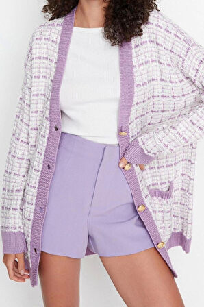 Kadın Moda Şık Midi V Yaka Oversize Geniş Kalıp Tüvit Görünümlü Simli Triko Hırka