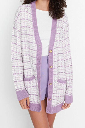 Kadın Moda Şık Midi V Yaka Oversize Geniş Kalıp Tüvit Görünümlü Simli Triko Hırka