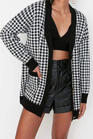 Kadın Moda Şık Midi V Yaka Oversize Geniş Kalıp Kazayağı Triko Hırka