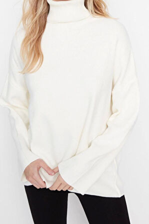 Kadın Moda Şık Balıkçı Yaka Standart Kol Regular İndigo Geniş Kalıp Basic Triko Kazak