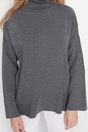 Kadın Moda Şık Regular Balıkçı Yaka Uzun Kol Düz Geniş Kalıp Basic Triko Kazak