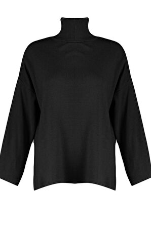 Kadın Moda Şık Regular Balıkçı Yaka Uzun Kol Düz Geniş Kalıp Basic Triko Kazak