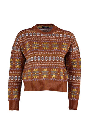 Kadın Moda Şık Bisiklet Yaka Standart Kol Regular Geniş Kalıp Yumuşak Dokulu Desenli Triko Kazak