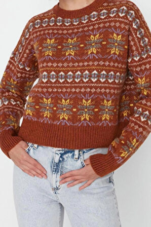 Kadın Moda Şık Bisiklet Yaka Standart Kol Regular Geniş Kalıp Yumuşak Dokulu Desenli Triko Kazak